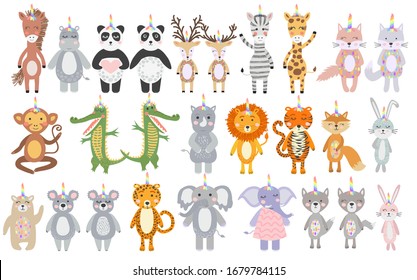 Big Set of cute funny animals with unicorn horns, Scandinavian style flat design. Concept for children print.