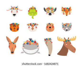 Big set with cute funny animals in flower crowns. Hand drawn vector illustration. Isolated objects on white background. Scandinavian style flat design. Concept for children spring, summer print.