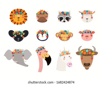 Big set with cute funny animals in flower crowns. Hand drawn vector illustration. Isolated objects on white background. Scandinavian style flat design. Concept for children spring, summer print.