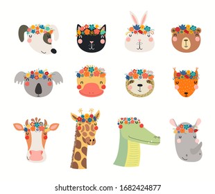 Big set with cute funny animals in flower crowns. Hand drawn vector illustration. Isolated objects on white background. Scandinavian style flat design. Concept for children spring, summer print.
