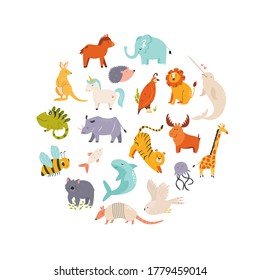 Big set of cute funny animals. Abstract design with wild characters for children. Vector illustration