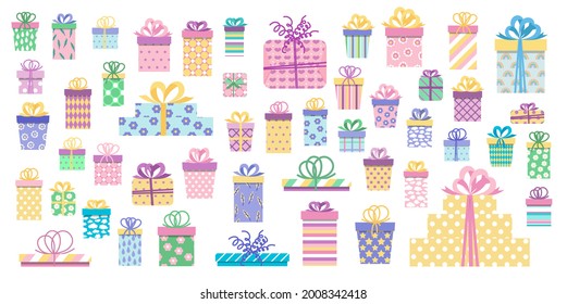 Big set of cute funny bright gift boxes in pink, yellow, violet, green, blue colors. Funny multicolored birthday presents with bows. White isolated vector stock illustration EPS 10. 