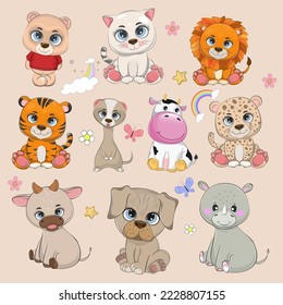 Big set cute funny cartoon animals on a white background. Modern design for prints, kids cards, t-shirts and other. Vector illustration.