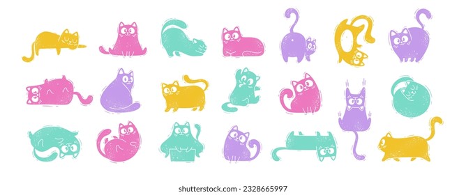 A big set of cute funny cats. Characters in the style of linocuts. Vector illustration Isolated on a white background.