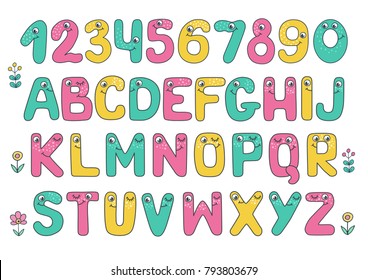Big set of cute and funny colorful smiling number characters from 0 to 9 and Kids alphabet with eyes. Cartoon vector illustration on white background for children.