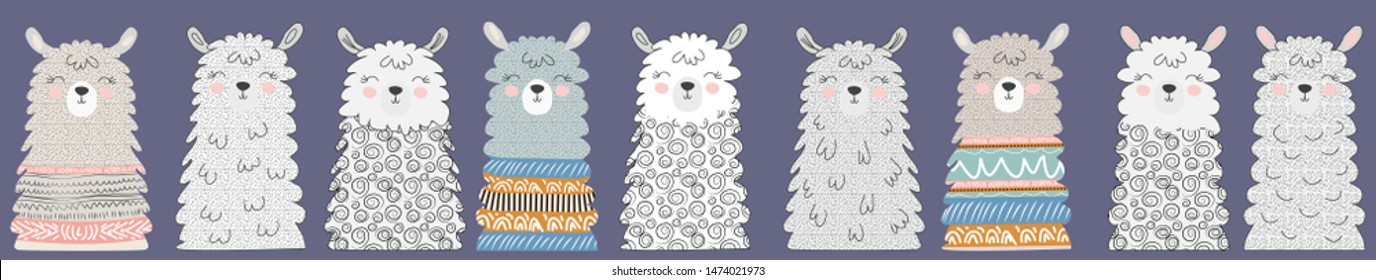 Big set of cute funny different llamas. Hand drawn illustration. Scandinavian style flat design. Concept for children print.