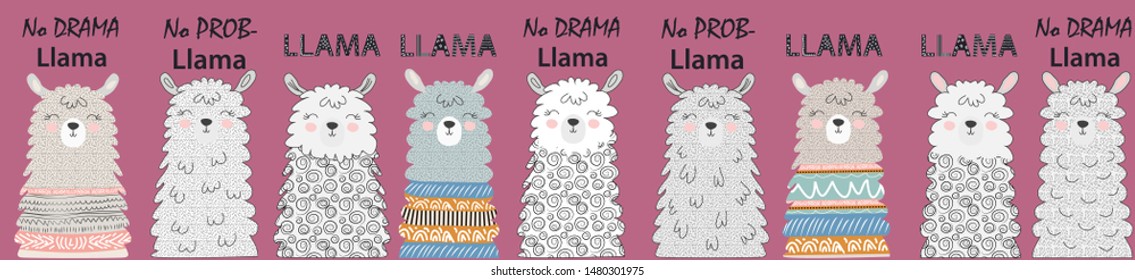 Big set of cute funny different llamas. Hand drawn vector illustration. Scandinavian style flat design. Inscription No Drama - Lama.