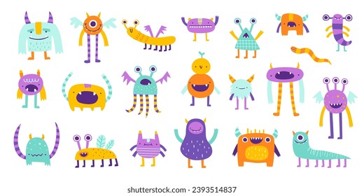 Big set of cute funny monsters. Vector collection of friendly beasts for kids. Bright doodle monsters bundle.