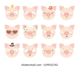 Big set of cute funny pigs/ piggy smiles/ new year 2019 symbols