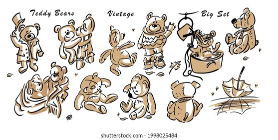 Big set of cute funny vintage teddy bears doll toys. Vector monochrome hand-drawn illustration with highlights and shadows.
