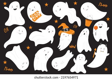 Big set of cute ghosts. All Saints' Day. Halloween. Vector object for use on stickers, your designs.