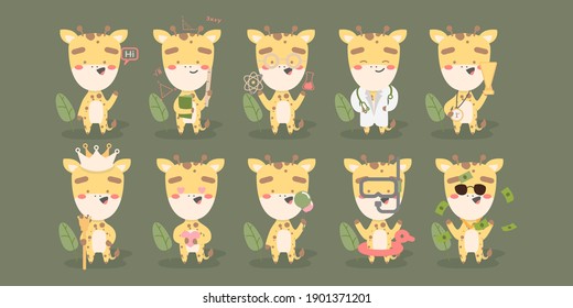 Big set of cute giraffe character with various activities