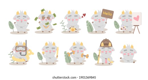 Big set of cute goat character with various activities
