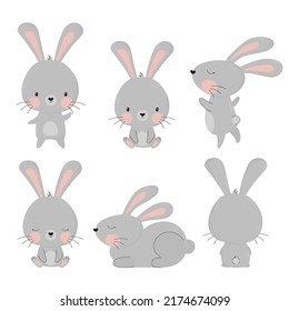 Big set of cute grey hand drawn bunnies