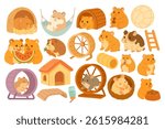 Big set of cute hamsters and pet accessories. Cartoon flat style, pastel soft colors, isolated clipart.