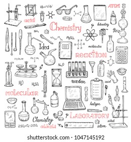 Big set with cute hand drawn chemistry elements. Vector science cartoon collection