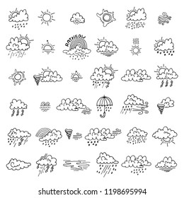 Big set with cute hand drawn weather icons. Doodle vector collection