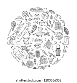 Big set with cute hand drawn fishing icons. Vector catching fish equipment elements. Doodle illustration