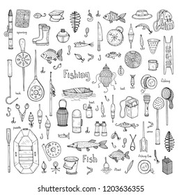 Big set with cute hand drawn fishing icons. Vector catching fish equipment elements. Doodle illustration