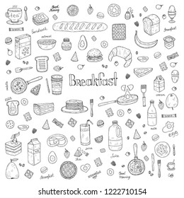 Big set with cute hand drawn breakfast icons. Doodle vector collection. Food illustration