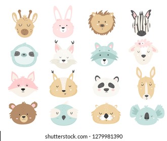 Big set of cute hand drawn animals. Vector character collection for prints, baby shower templates, greeting cards