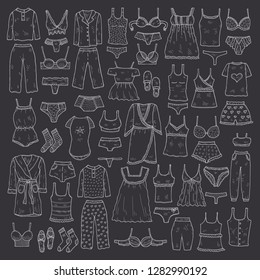 Big set with cute hand drawn lingerie, pajamas and bathrobes. Collection of clothes for sleeping and relaxing. Vector illustration