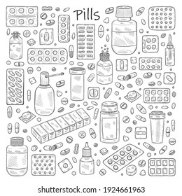  Gran juego con adorables íconos de pastillas dibujadas a mano. Colección médica de vectores	