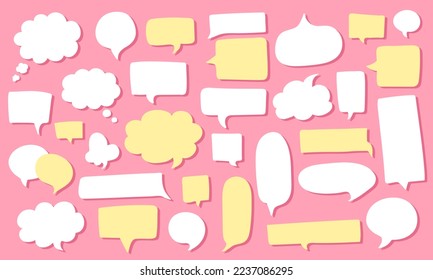 Big set of cute hand drawn flat speech bubbles different shape - round, rectangle, fluffy, etc. Big and small white and yellow chat clouds. Kawaii stickers with bubbles on pink background