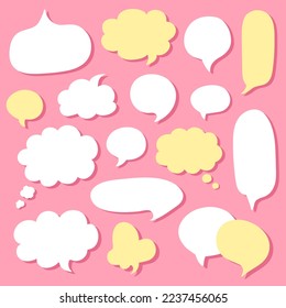 Big set of cute hand drawn flat speech bubbles different shape - round, oval, fluffy, etc. Big and small white and yellow chat clouds. Kawaii stickers with bubbles on pink background