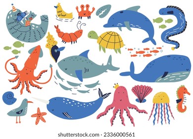 Big set cute hand drawn sea creature animal isolated on white. Underwater creature fish. Decorative doodle funny collection ocean fauna