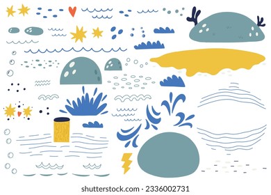 Big set cute hand drawn sea decorative waves bubbles isolated on white. Underwater elements decorative doodle funny collection ocean graphic