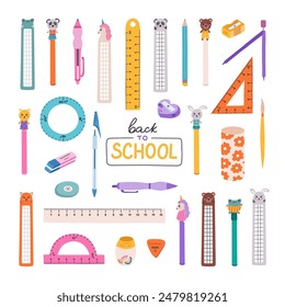 Big set of cute hand drawn back to school stationery in cartoon style. Collection of rulers, protractor, erasers, sharpeners, ballpoint pen, pencil, bookmark. School supply for study, draw and work