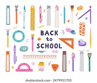 Big set of cute hand drawn back to school stationery in cartoon style. Collection of rulers, protractor, erasers, sharpeners, ballpoint pen, pencil, bookmark. School supply for study, draw and work