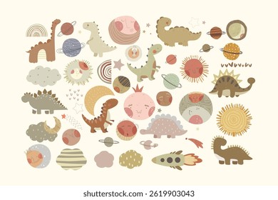 Big set with cute hand drawn dinosaurs, planets, stars, space sheap, clouds and moon. Vector illustrtion with diffferent cartoon planets and animals.