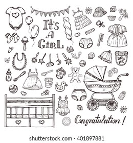 Big set of cute hand drawn baby care things, clothes and toys for  baby girl. Newborn baby  vector collection.