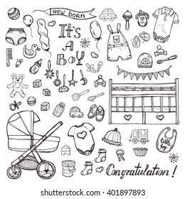 Big set of cute hand drawn baby care things, clothes and toys for  baby boy. Newborn baby  vector collection.
