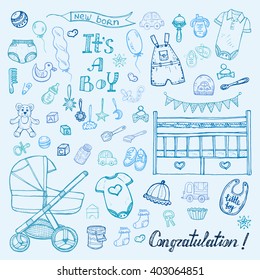 Big set of cute hand drawn baby care things, clothes and toys for  baby boy. Newborn baby  vector collection.