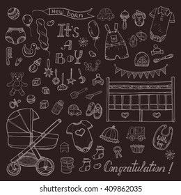 Big set of cute hand drawn baby care things, clothes and toys for  baby boy. Newborn baby  vector collection.