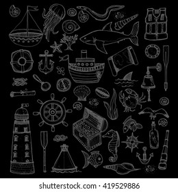 Big set of cute hand drawn elements of marine theme including ships, anchors, fish, shells and others. Hand drawn marine collection