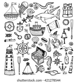 Big set of cute hand drawn elements of marine theme including ships, anchors, fish, shells and others. Hand drawn marine collection