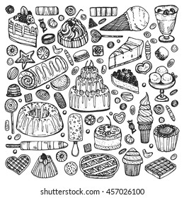 Big set with cute hand drawn sweets and candies. Vector collection