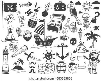 Big set of cute hand drawn elements of marine theme including ships, anchors, fish, shells and others. Hand drawn marine collection