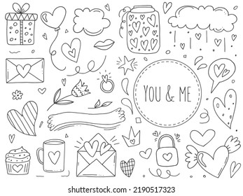Big set of cute hand-drawn doodle elements about love. Message stickers for apps. Icons for Valentines Day, romantic events and wedding. 