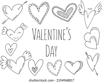 Große Menge süßer handgezeichneter doodle Elemente über Liebe. Nachrichtenaufkleber für Apps. Symbole für den Valentinstag, romantische Ereignisse und Hochzeiten. Herzen mit Streifen, Textur, mit Flügeln und Cupiden Pfeilen.