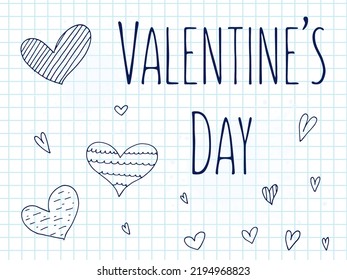 Big set of cute hand-drawn doodle elements about love. Message stickers for apps. Icons for Valentines Day, romantic events and wedding. A checkered notebook. Hearts with stripes and texture.