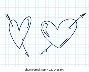 Big set of cute hand-drawn doodle elements about love. Message stickers for apps. Icons for Valentines Day, romantic events and wedding. A checkered notebook. Hearts with Cupids arrows.