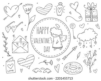 Big set of cute hand-drawn doodle elements about love. Message stickers for apps. Icons for Valentines Day, romantic events and wedding. 