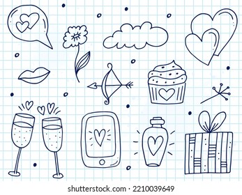 Big set of cute hand-drawn doodle elements about love. Message stickers for apps. Icons for Valentines Day, romantic events and wedding. A checkered notebook. 