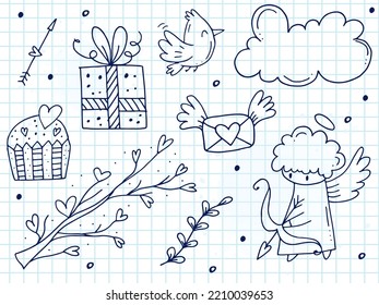 Big set of cute hand-drawn doodle elements about love. Message stickers for apps. Icons for Valentines Day, romantic events and wedding. A checkered notebook. 