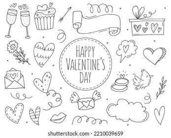 Gran conjunto de adorables elementos de doodle dibujados a mano sobre el amor. Etiquetas de mensajes para aplicaciones. Iconos para el Día de San Valentín, eventos románticos y bodas. 